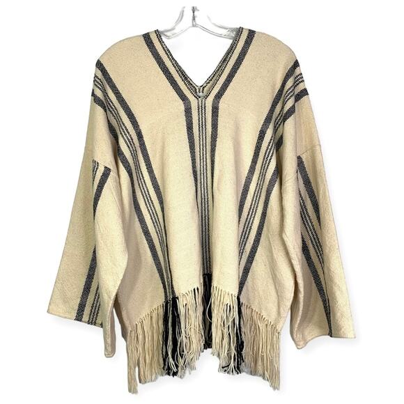 Apiece Apart Amelia Woven Striped Poncho Sweater 100% cotton cream & black sz L - Picture 4 of 9